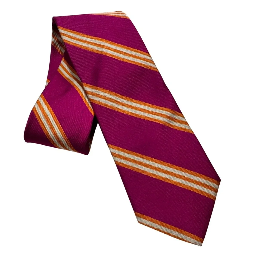 Brooks Brothers Mens Silk Tie Magenta Orange White Diagonal Rep Stripe USA Made